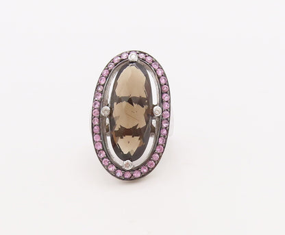 925 Sterling Silver Vintage Ring Pink CZ & Oval Cut Smoky Quartz Sz 7  RG29841