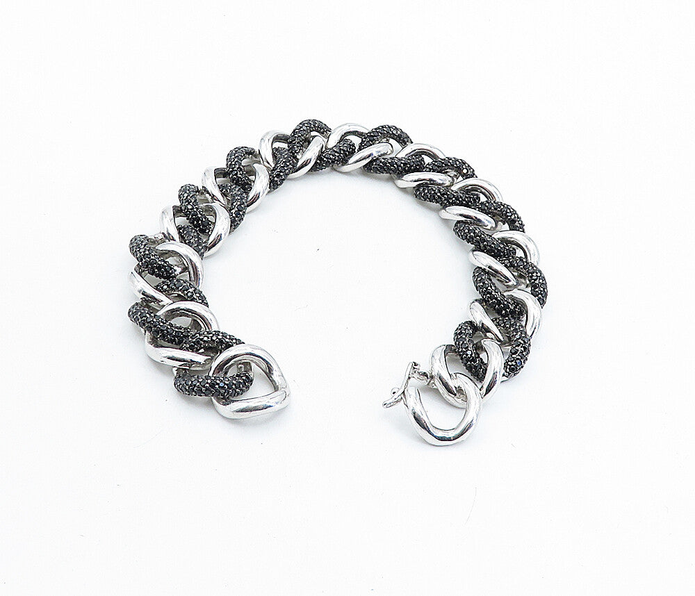 925 Sterling Silver  Black Hematite Shiny Curb Link Chain Bracelet  BT2609