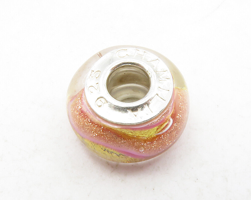 CHAMILLA 925 Sterling Silver  Petite Pink Yellow Enamel Art Round Bead  TR1960