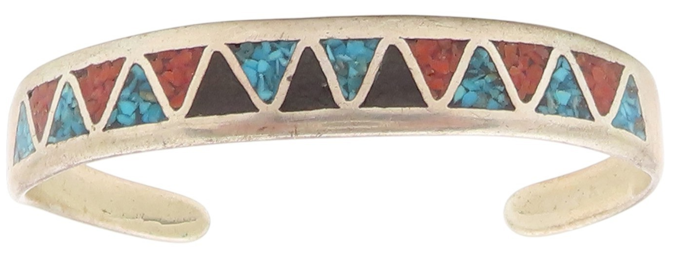 925 Sterling Silver Vintage Bracelet NAVAJO ZUNI Multi Gemstone Inlay  BT11591