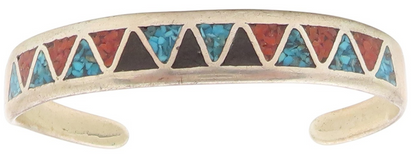 925 Sterling Silver Vintage Bracelet NAVAJO ZUNI Multi Gemstone Inlay  BT11591