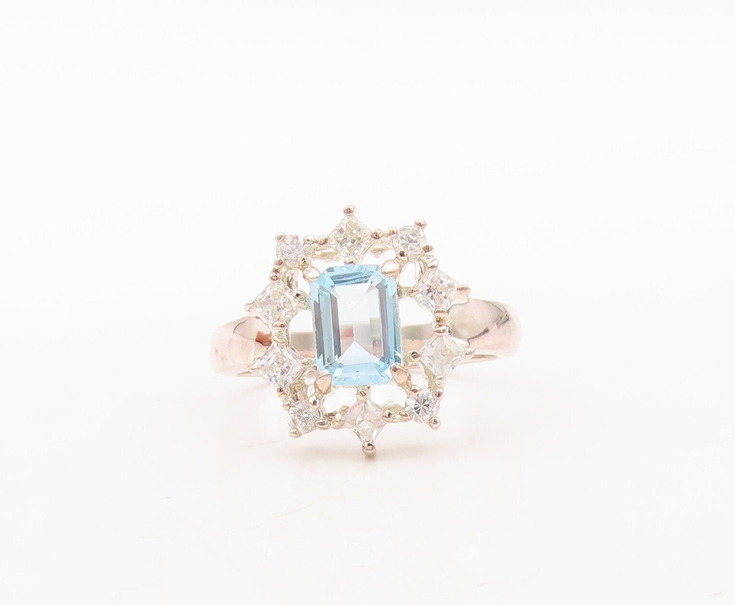 925 Sterling Silver Vintage Ring Modernist Blue Halo White Topaz  Sz 7 RG31123