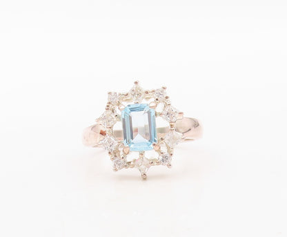 925 Sterling Silver Vintage Ring Modernist Blue Halo White Topaz  Sz 7 RG31123