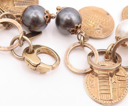 925 Sterling Silver Vintage Bracelet Gold Rings Dangling Pearls & Coins  BT10986
