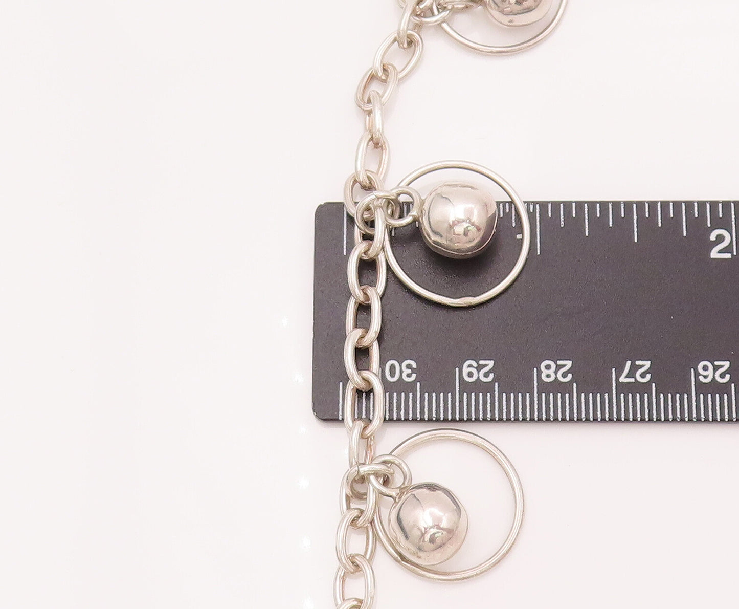 925 Silver  Vintage Round Link Chain Dangling Beaded Ring Bracelet  BT9862