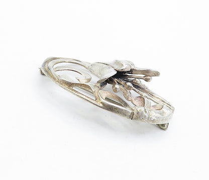 925 Sterling Silver  Vintage Antique Sculpted Floral Ribbon Brooch Pin  BP1629
