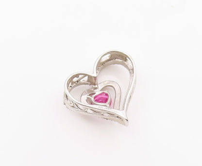 925 Silver  Vintage Double Love Heart Ruby & Genuine Diamonds Pendant  PT20487