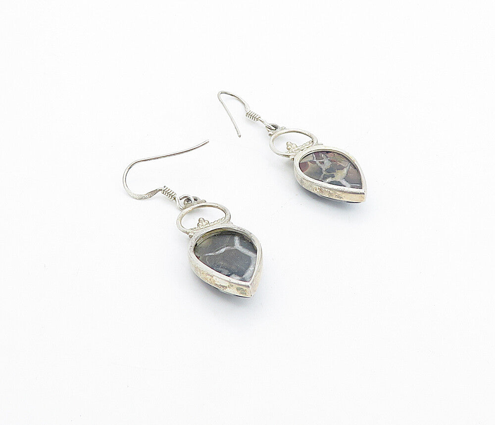 925 Sterling Silver  Vintage Tear Drop Jasper Crowned Dangle Earrings  EG3521