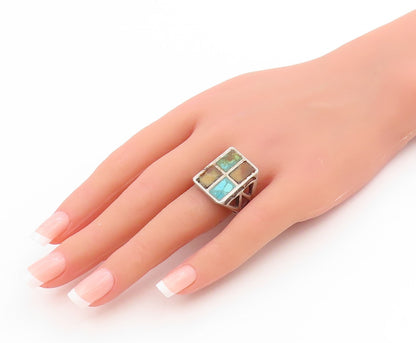 925 Sterling Silver Vintage Ring NAVAJO ZUNI Turquoise Inlay Band  Sz 9  RG34024