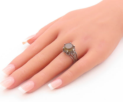 925 Sterling Silver Vintage Ring Dark Tone Round Cut Smoky Quartz  Sz 6  RG31144