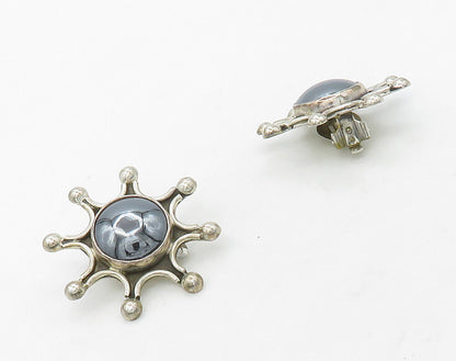 MEXICO 925 Silver  Vintage Hematite Sun Motif Non Pierce Earrings  EG8308