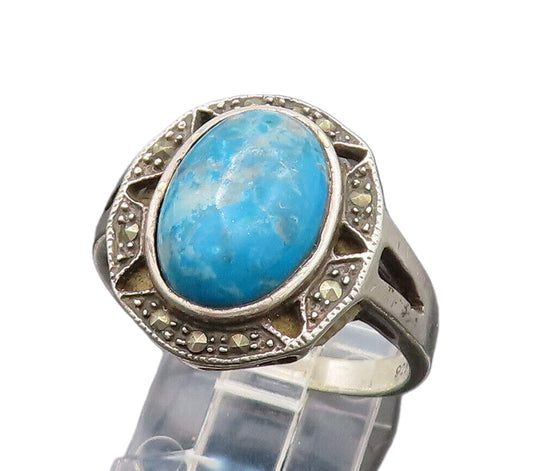 925 Silver  Vintage Blue Jasper & Marcasite Star Frame Ring Sz 10.5  RG26298