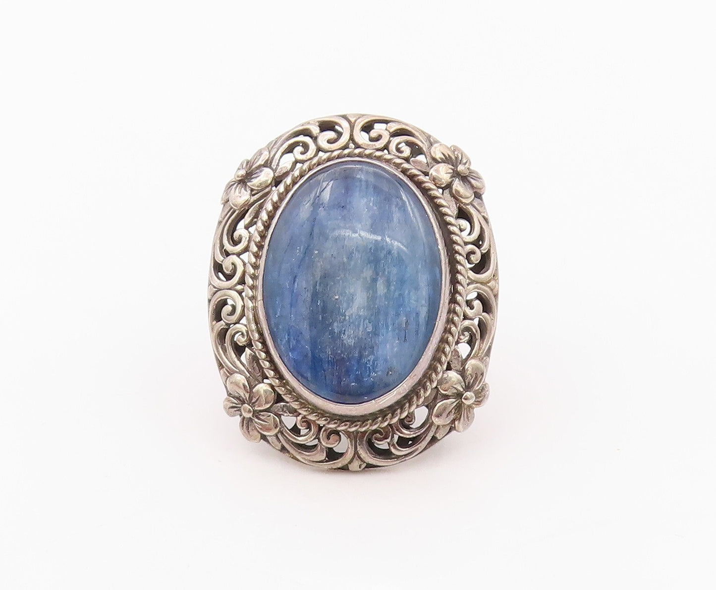 925 Sterling Silver Vintage Ring Oval Gemstone Floral Carved  SZ 6.5  RG32080