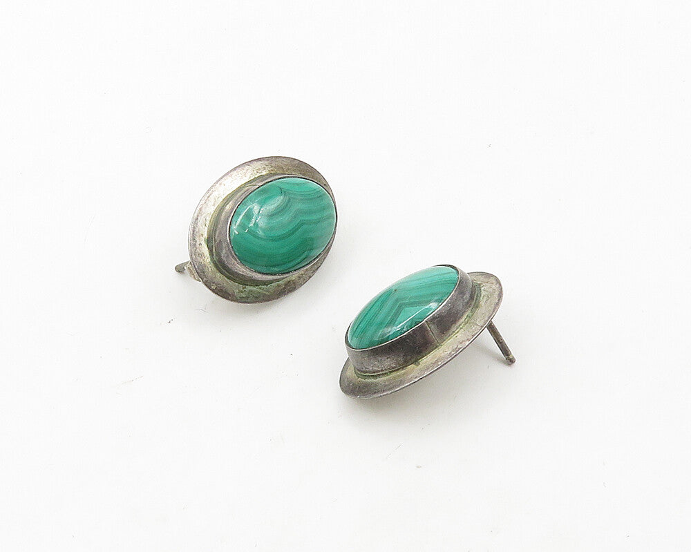 925 Sterling Silver  Vintage Cabochon Cut Malachite Oval Drop Earrings  EG9602