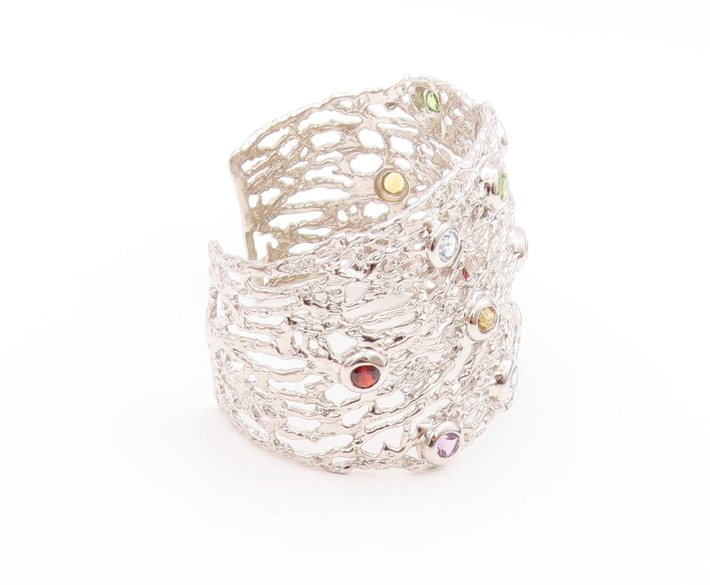 925 Sterling Silver Vintage Bracelet Brutalist Cut Gemstone Broad Cuff  BT11230