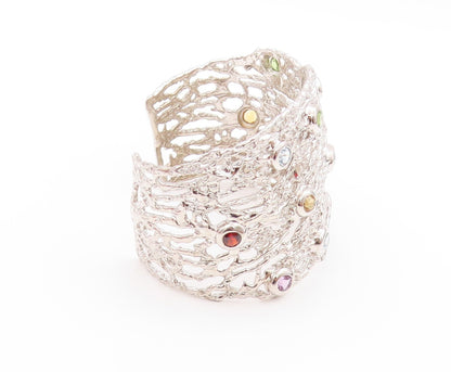 925 Sterling Silver Vintage Bracelet Brutalist Cut Gemstone Broad Cuff  BT11230