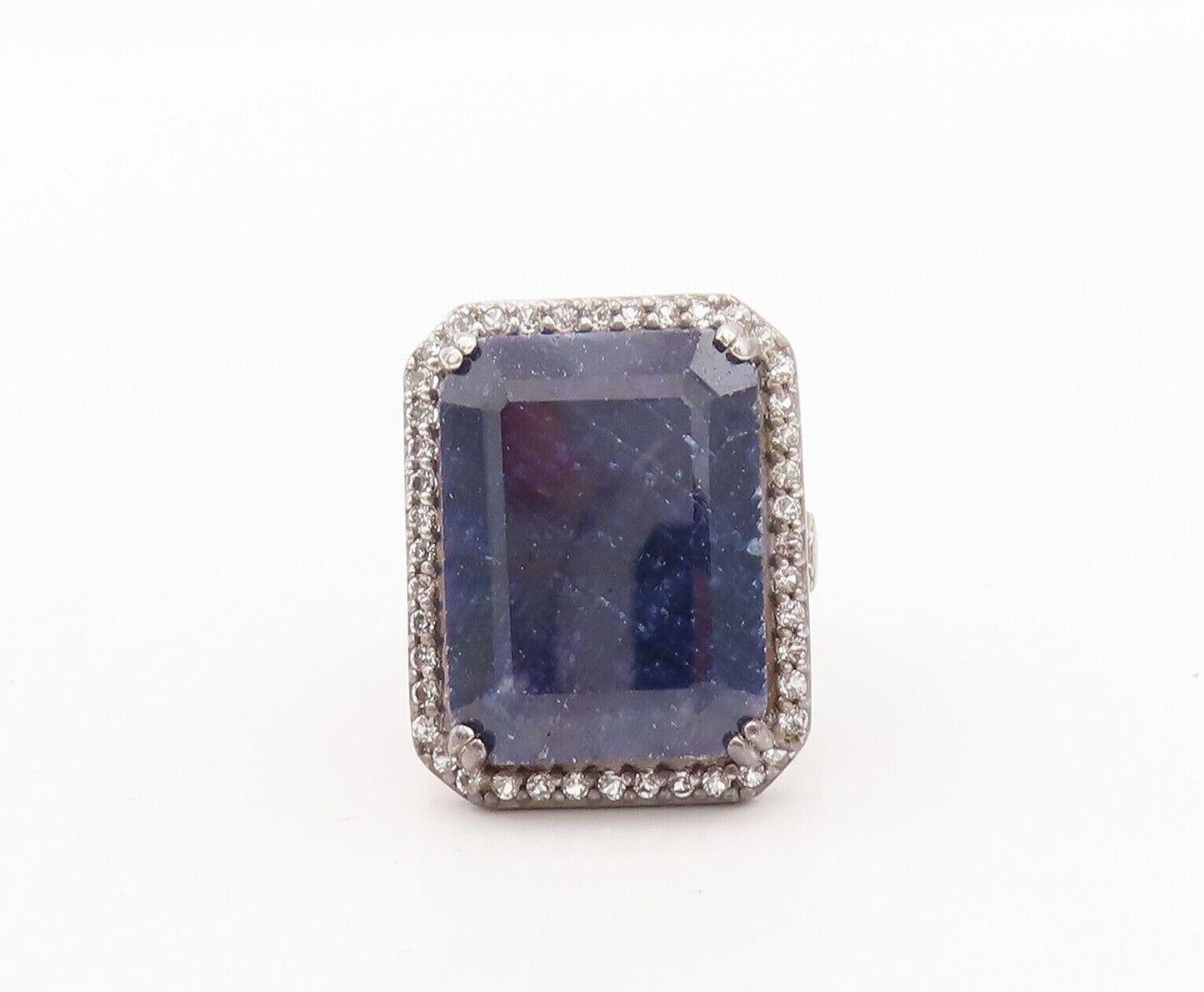 925 Sterling Silver Vintage Ring Rectangle Sapphire Halo Topaz  Sz 8  RG30489