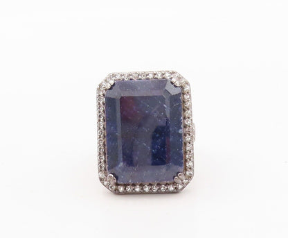 925 Sterling Silver Vintage Ring Rectangle Sapphire Halo Topaz  Sz 8  RG30489