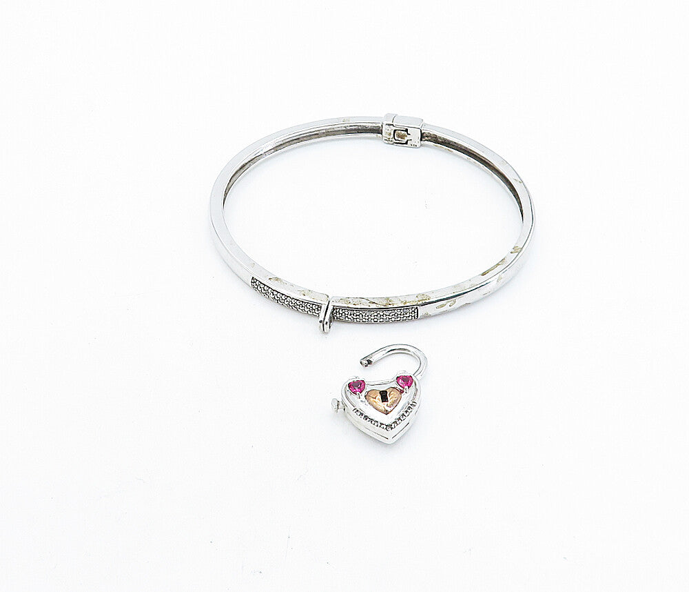 925 Silver  Ruby & Genuine Diamonds Padlock Charm Bangle Bracelet  BT3018