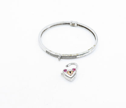 925 Silver  Ruby & Genuine Diamonds Padlock Charm Bangle Bracelet  BT3018