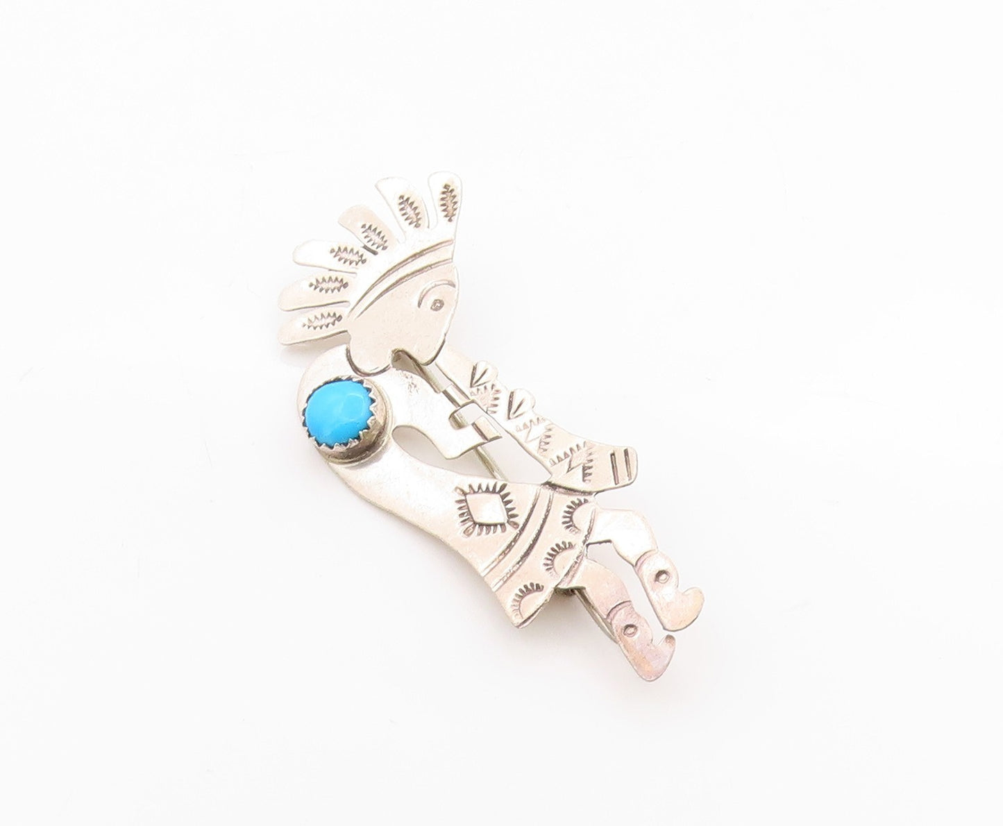 925 Sterling Silver Vintage Brooch Navajo Turquoise Etched Kokopeli  BP11755