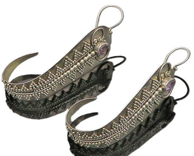 925 Sterling Silver  Vintage Amethyst Ornate Detail J Hoop Earrings  EG9997