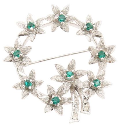 925 Sterling Silver Vintage Brooch Emerald & CZ Floral Garland Design  BP11996