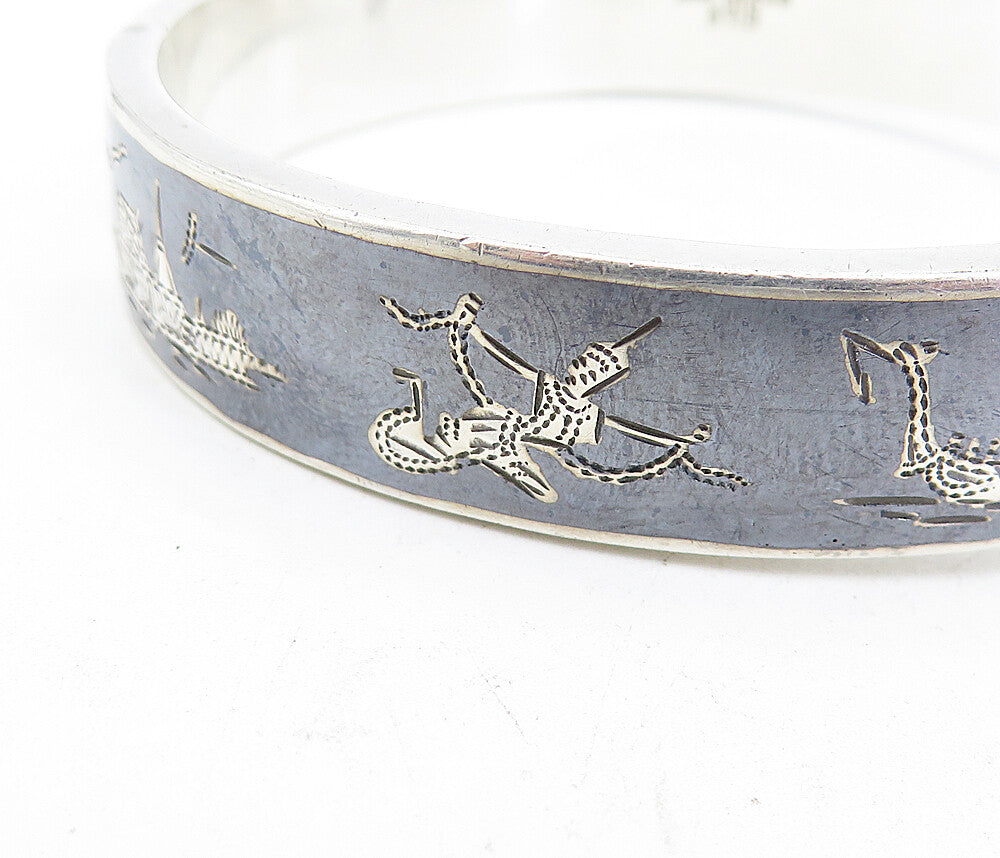 SIAM 925 Silver  Vintage Black Enamel Niello Dancer Bangle Bracelet  BT1536
