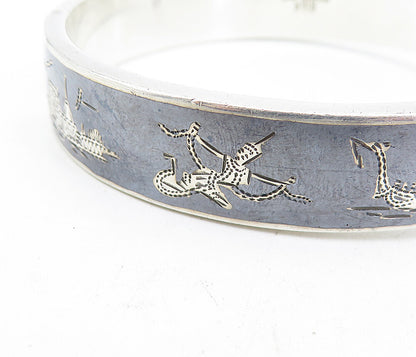 SIAM 925 Silver  Vintage Black Enamel Niello Dancer Bangle Bracelet  BT1536