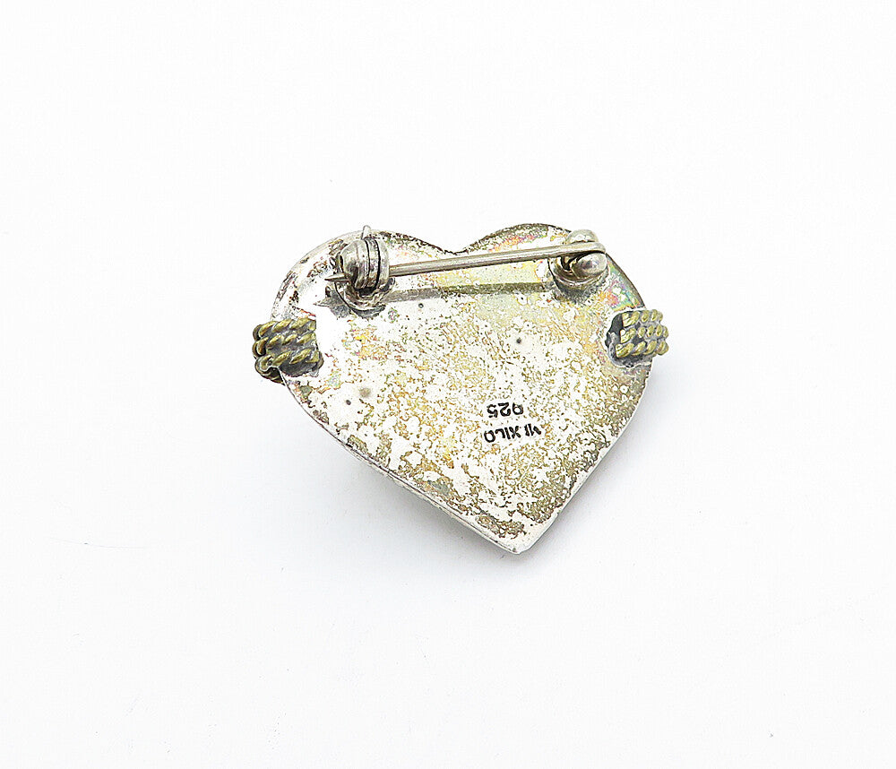 MEXICO 925 Sterling Silver Vintage Rope Twist Love Heart Brooch Pin BP1410