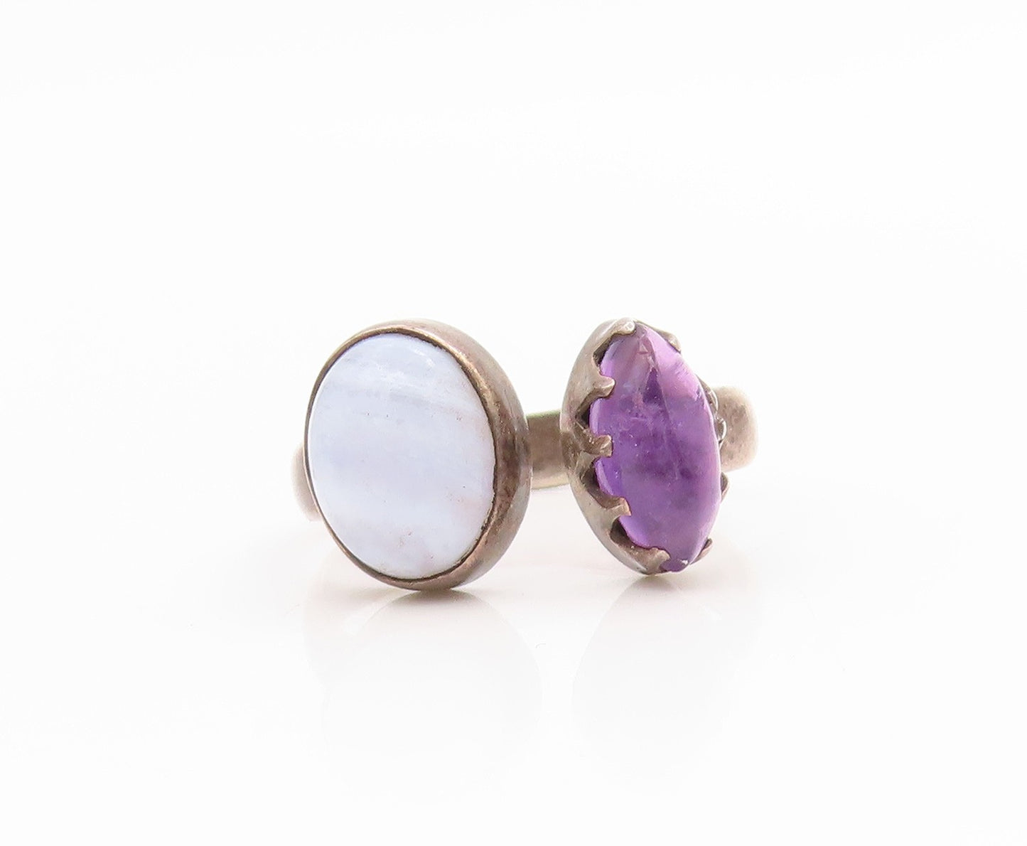 925 Sterling Silver Vintage Ring Amethyst & Moonstone Open Cuff  Sz 9  RG34616