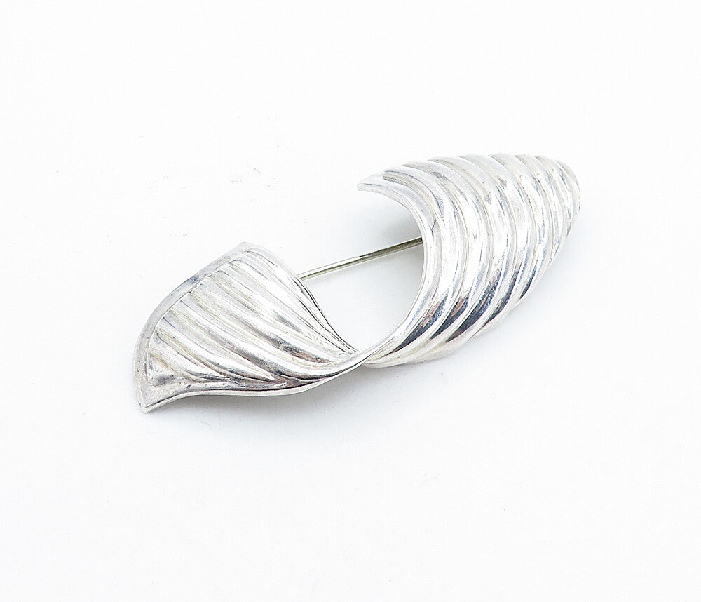 925 Sterling Silver  Vintage Shiny Fluted Ribbon Design Brooch Pin  BP2540