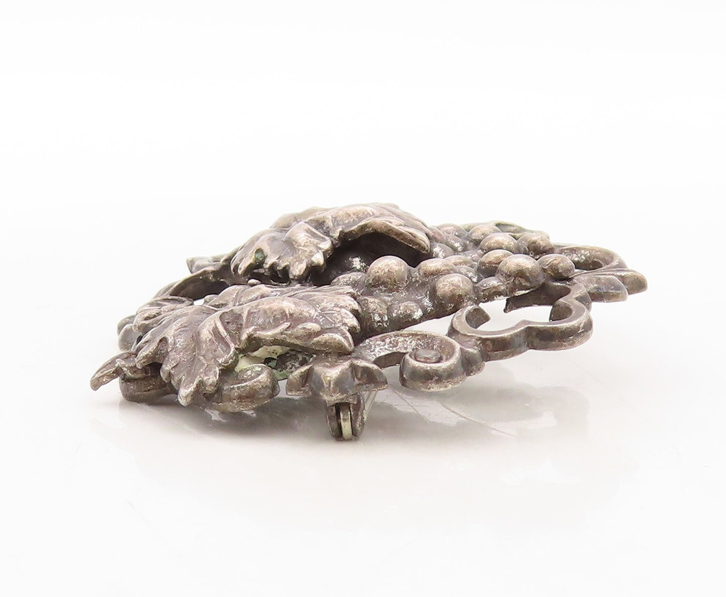 925 Sterling Silver Vintage Brooch Pin Dark Tone Cutout Grape Bush  BP11291