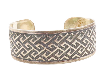 925 Sterling Silver Vintage Bracelet Solid Broad Band Maze Key Carved  BT10920