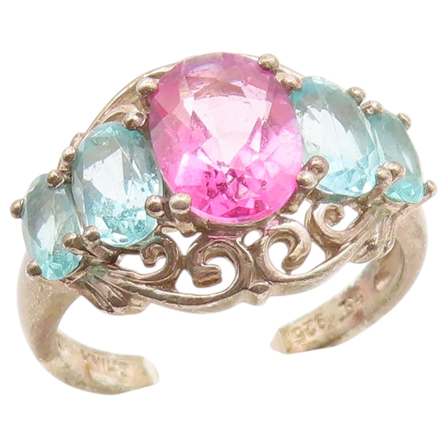 925 Sterling Silver Vintage Ring Aquamarine & Pink Topaz Band  Sz 6  RG36874