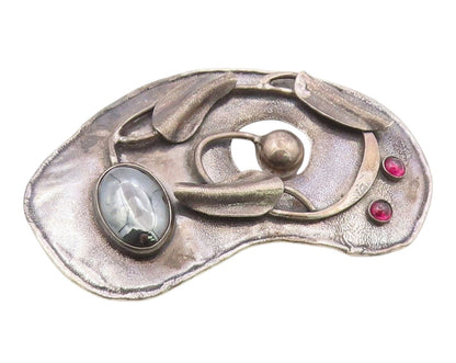 925 Sterling Silver Vintage Brooch Pin Hematite & Garnet Abstract Leaf   BP12581