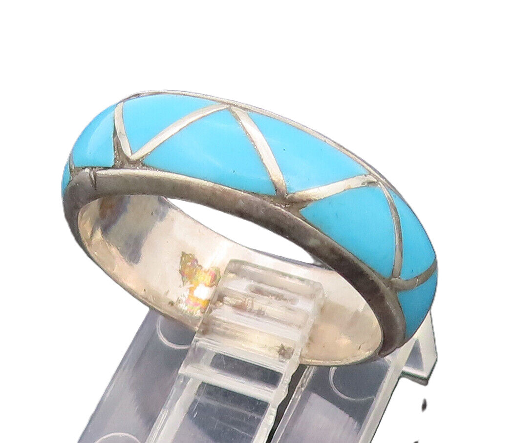 SOUTHWESTERN 925 Silver Vintage Blue Enamel Inlay Triangle Ring Sz 7 RG26698