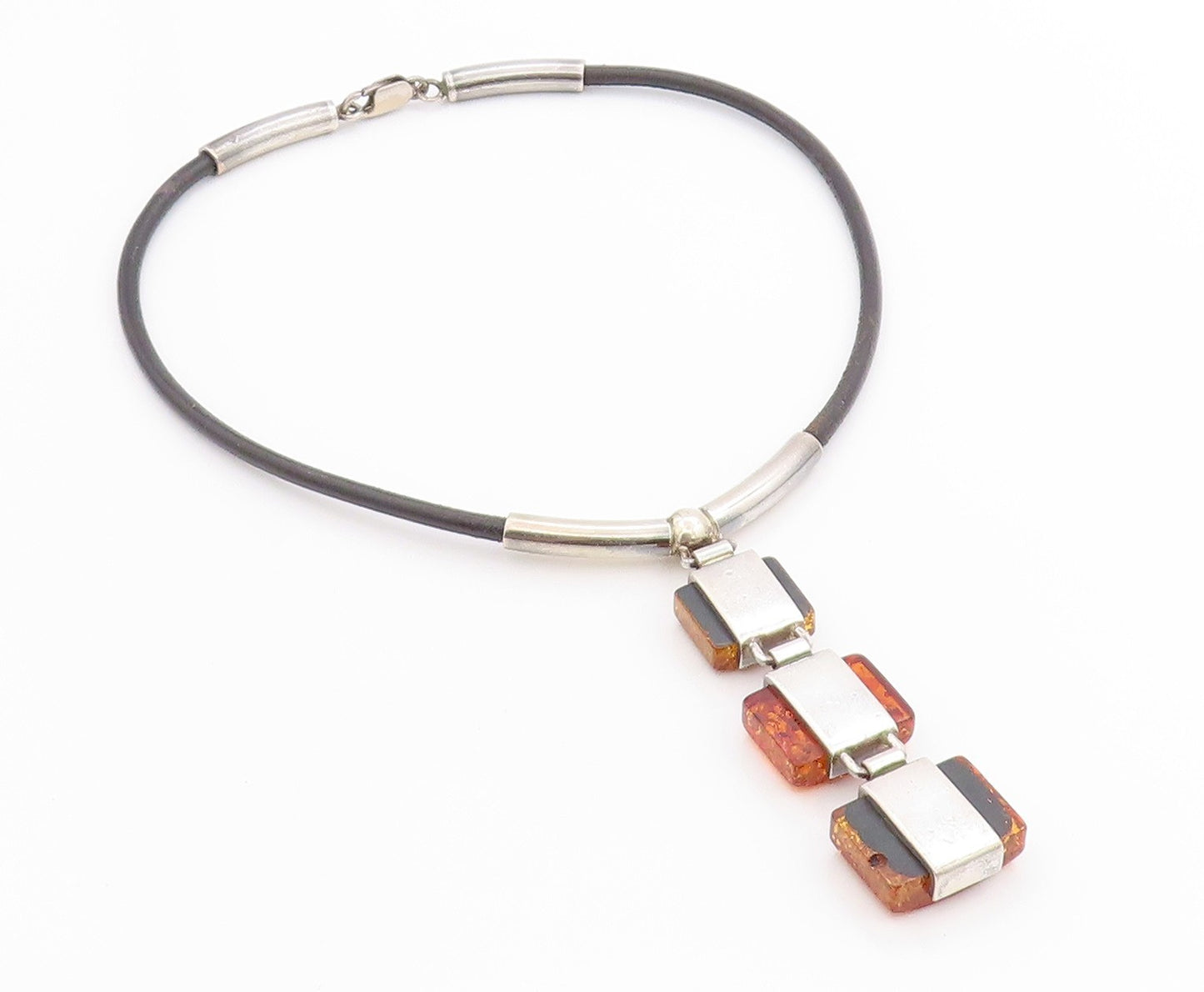 925 Sterling Silver Vintage Necklace Square Cabochon Drop Honey Amber  NE4599