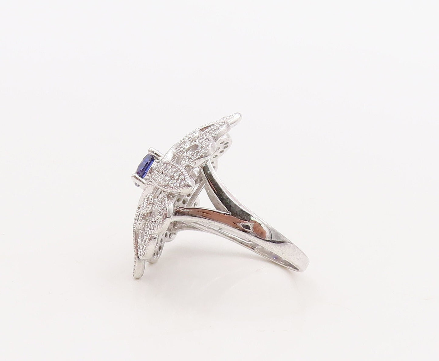 925 Sterling Silver Vintage Ring CZ & Sapphire Cutout Flower  Sz 7  RG29843
