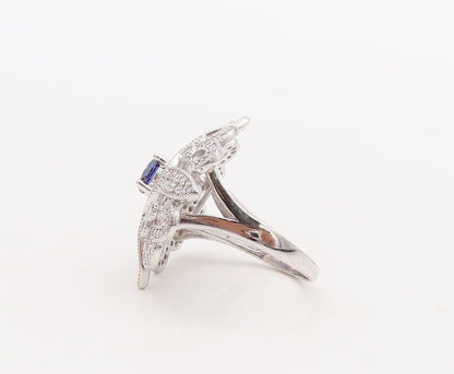 925 Sterling Silver Vintage Ring CZ & Sapphire Cutout Flower  Sz 7  RG29843