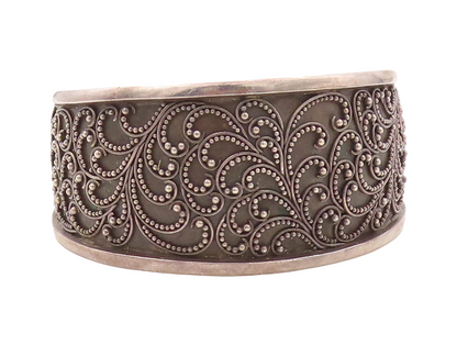 925 Sterling Silver Vintage Bracelet BALI Swirly Beaded Carved Cuff  BT10916