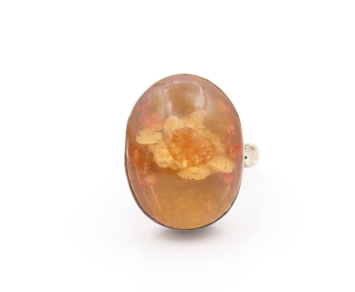 925 Sterling Silver Vintage Ring TAXCO Dark tone Cabochon Amber  Sz 9  RG31865