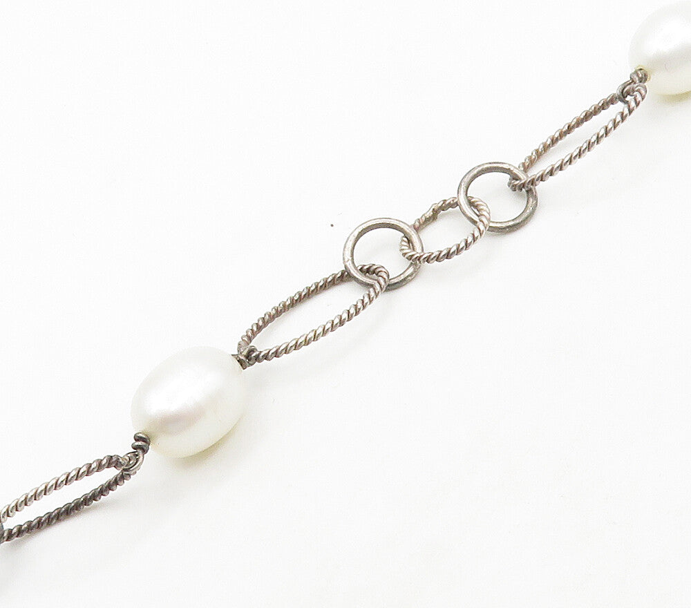 925 Sterling Silver  Vintage Pearls Oval Twist Link Chain Bracelet  BT6136