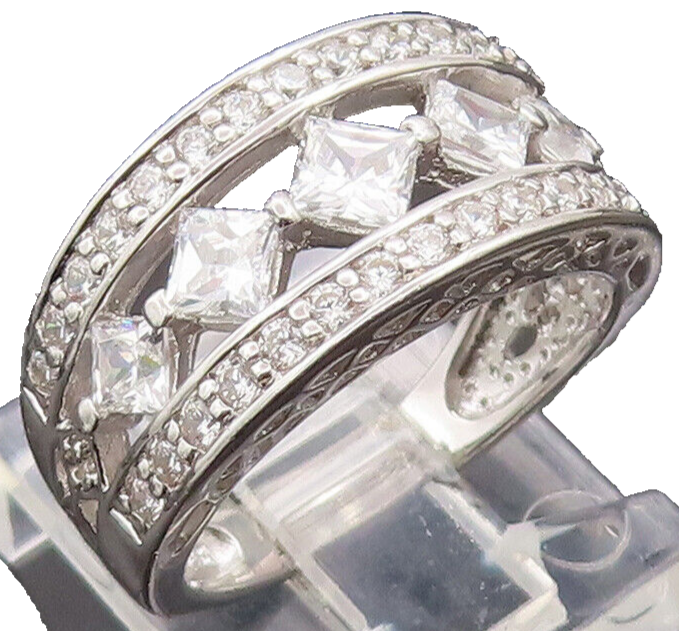 925 Sterling Silver Vintage Ring Split Band Square Cut CZ Inlay  Sz 6  RG27748
