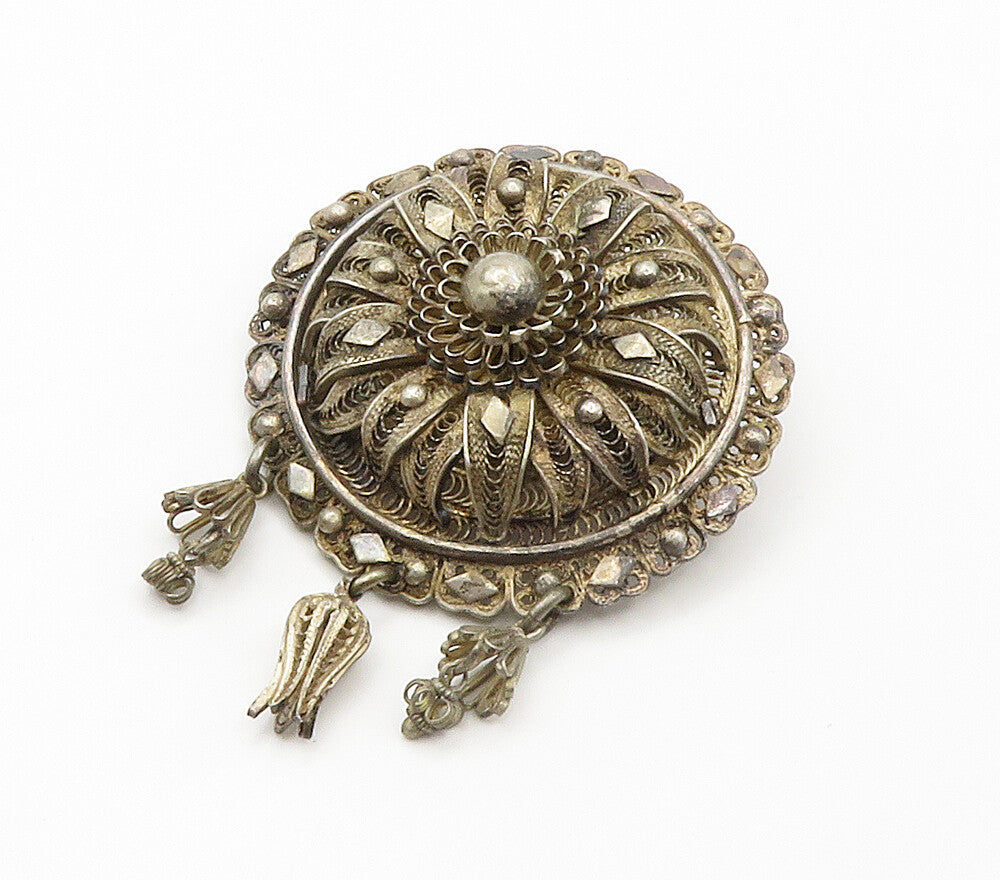 925 Sterling Silver  Vintage Antique Filigree Floral Dome Brooch Pin  BP6008
