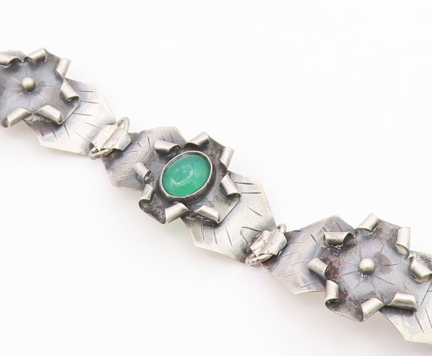 EUROPEAN 925 Silver  Vintage Green Carnelian Modernist Chain Bracelet  BT8068