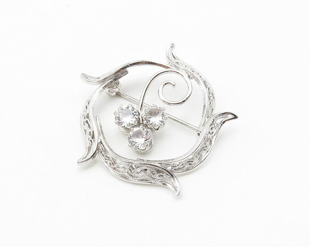 925 Sterling Silver  Cubic Zirconia Floral Swirl Wreath Brooch Pin  BP4266