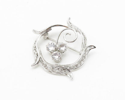 925 Sterling Silver  Cubic Zirconia Floral Swirl Wreath Brooch Pin  BP4266