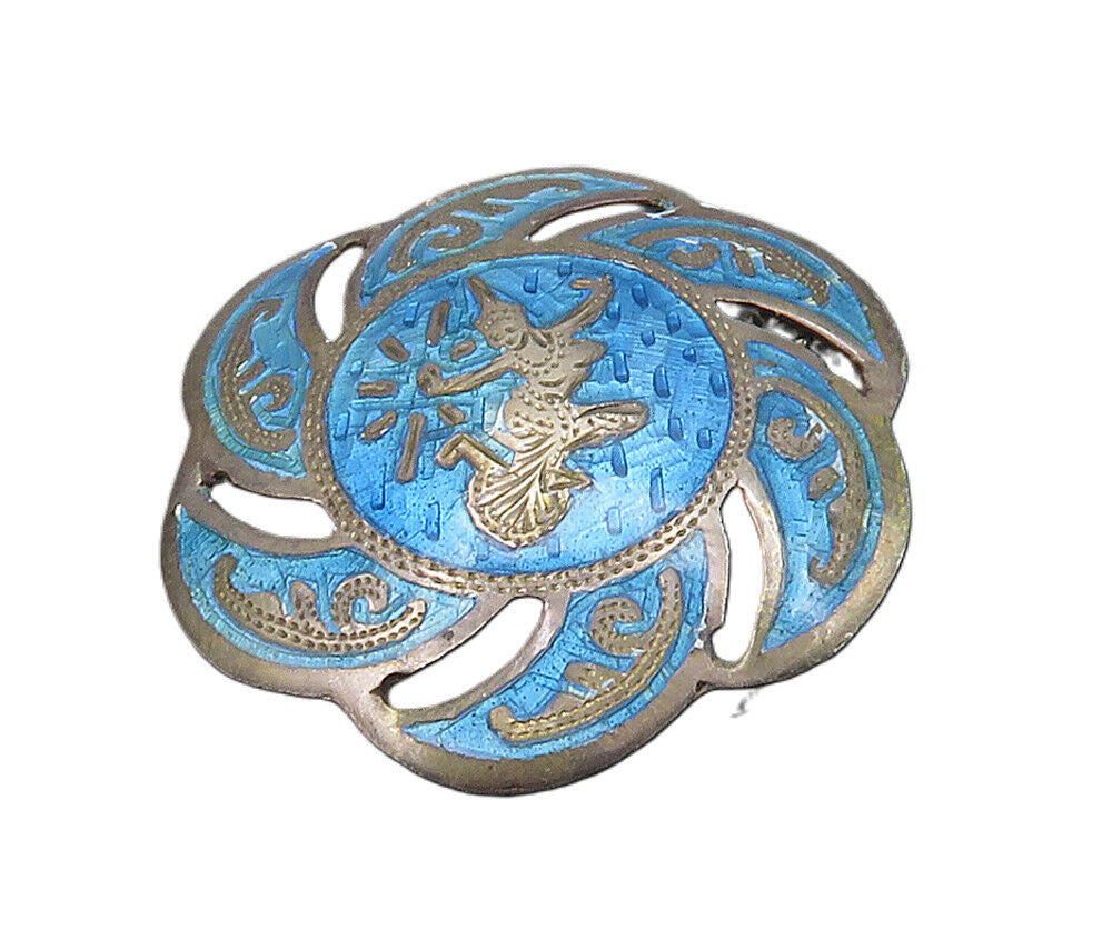 SIAM 925 Sterling Silver  Vintage Blue Enamel Dancer Round Brooch Pin  BP6526