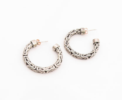 BALI 925 Sterling Silver Vintage Shiny Byzantine Link Hoop Earrings  EG10084